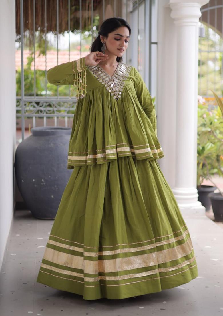 Green Zari Work Cotton Lehenga Set - Indya