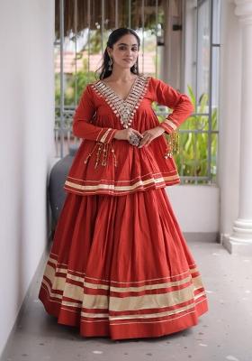 Orange Zari Work Cotton Lehenga Set