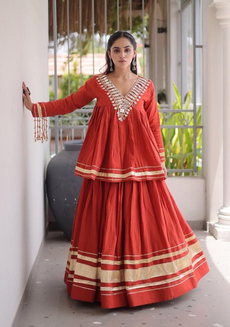 Orange Zari Work Cotton Lehenga Set - Indya