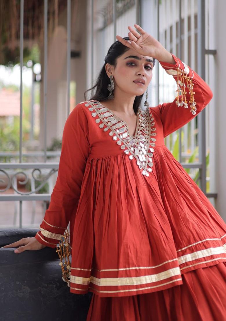 Orange Zari Work Cotton Lehenga Set - Indya