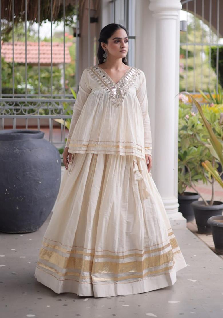 White Zari Work Cotton Lehenga Set - Indya