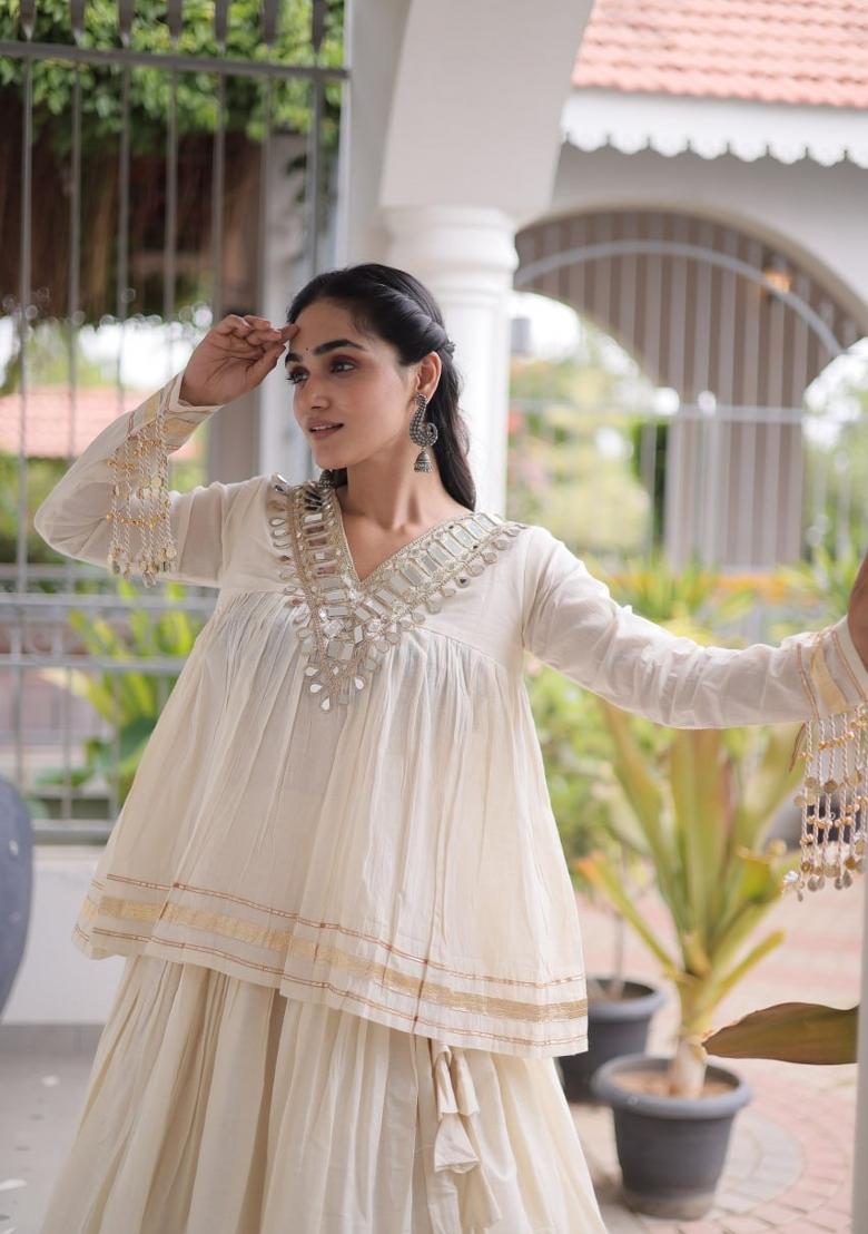 White Zari Work Cotton Lehenga Set - Indya