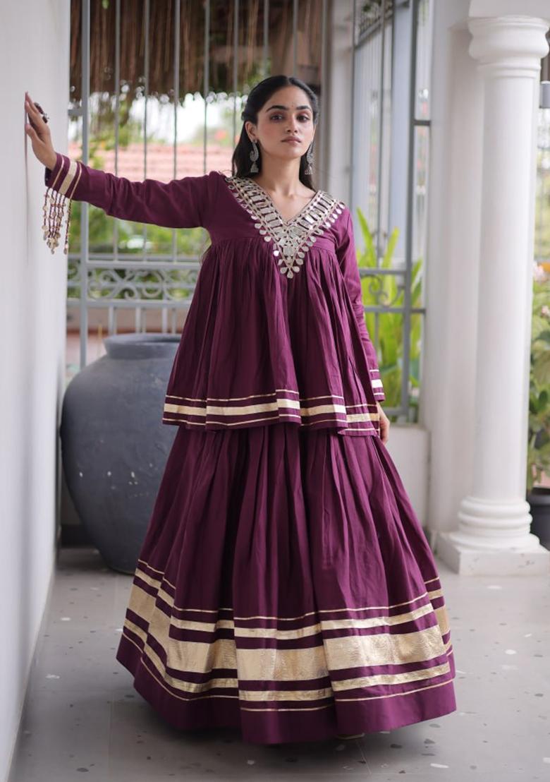 Wine Zari Work Cotton Lehenga Set - Indya