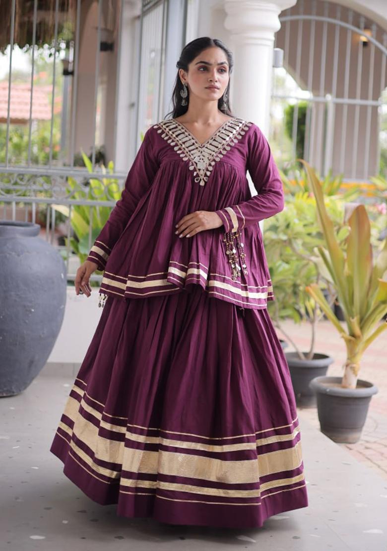 Wine Zari Work Cotton Lehenga Set - Indya