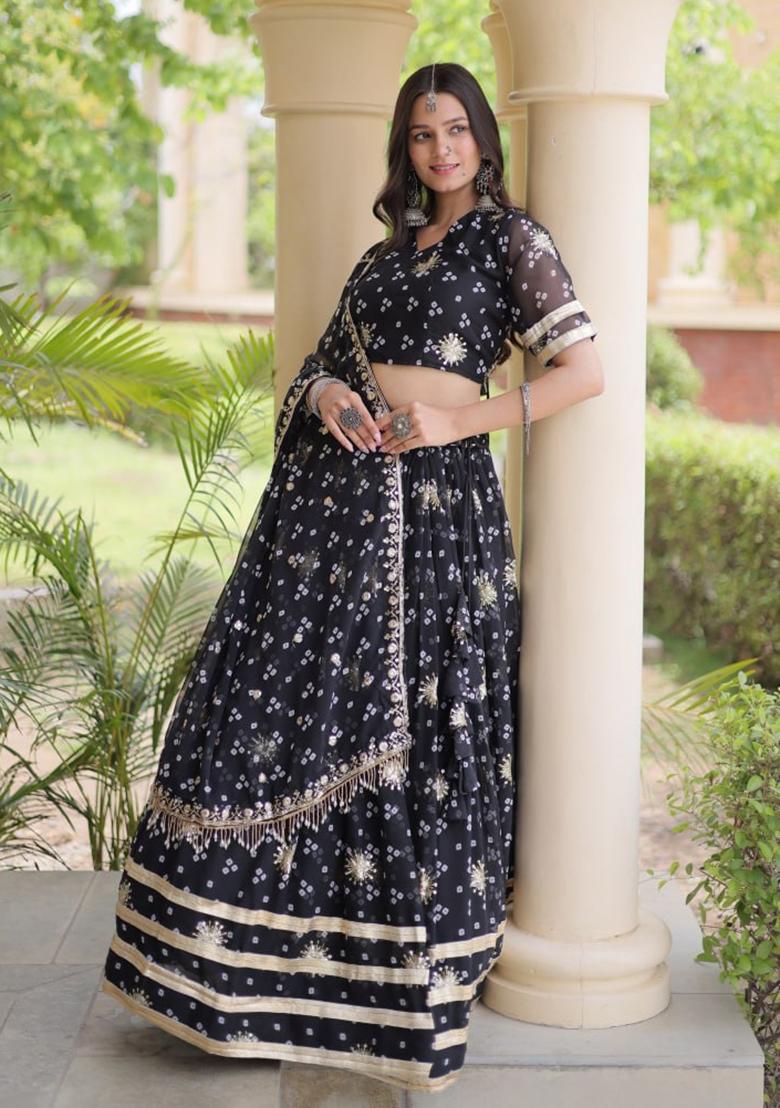 Black Embroidered Georgette Lehenga Set - Indya