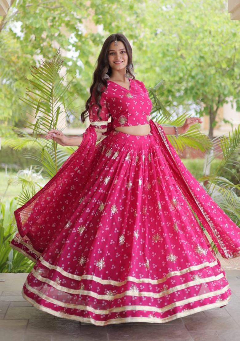 Rani Pink Embroidered Georgette Lehenga Set - Indya