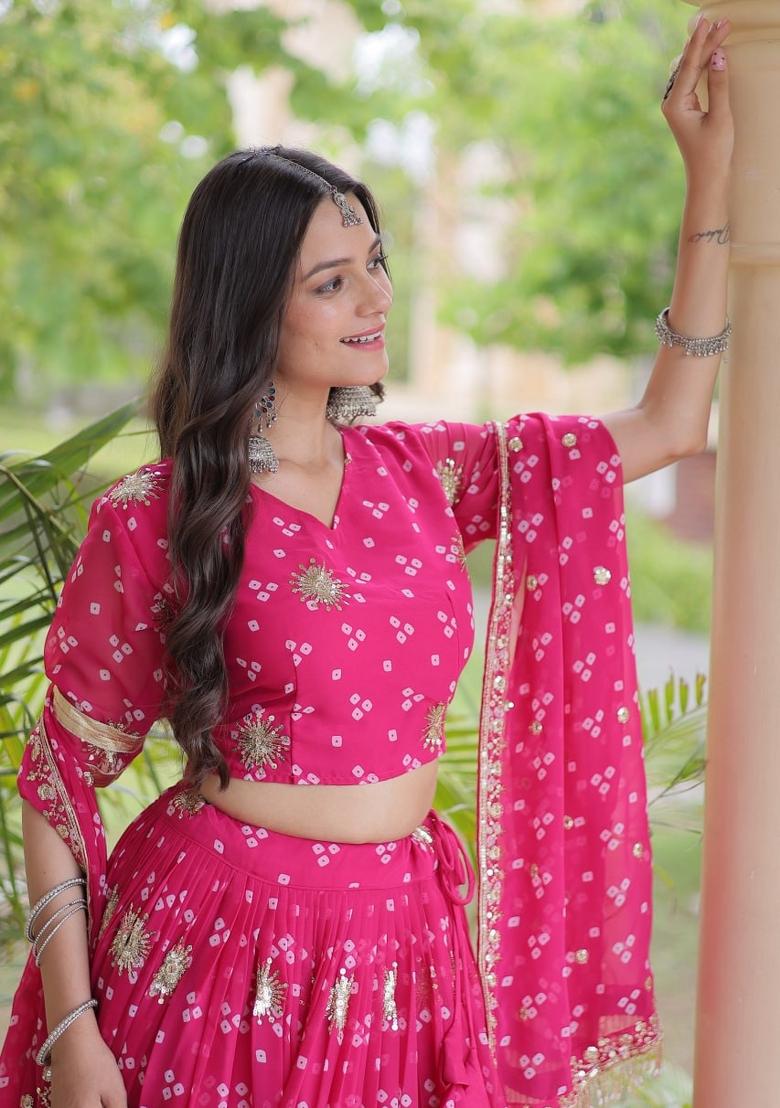 Rani Pink Embroidered Georgette Lehenga Set - Indya