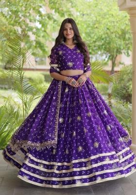 Purple Embroidered Georgette Lehenga Set