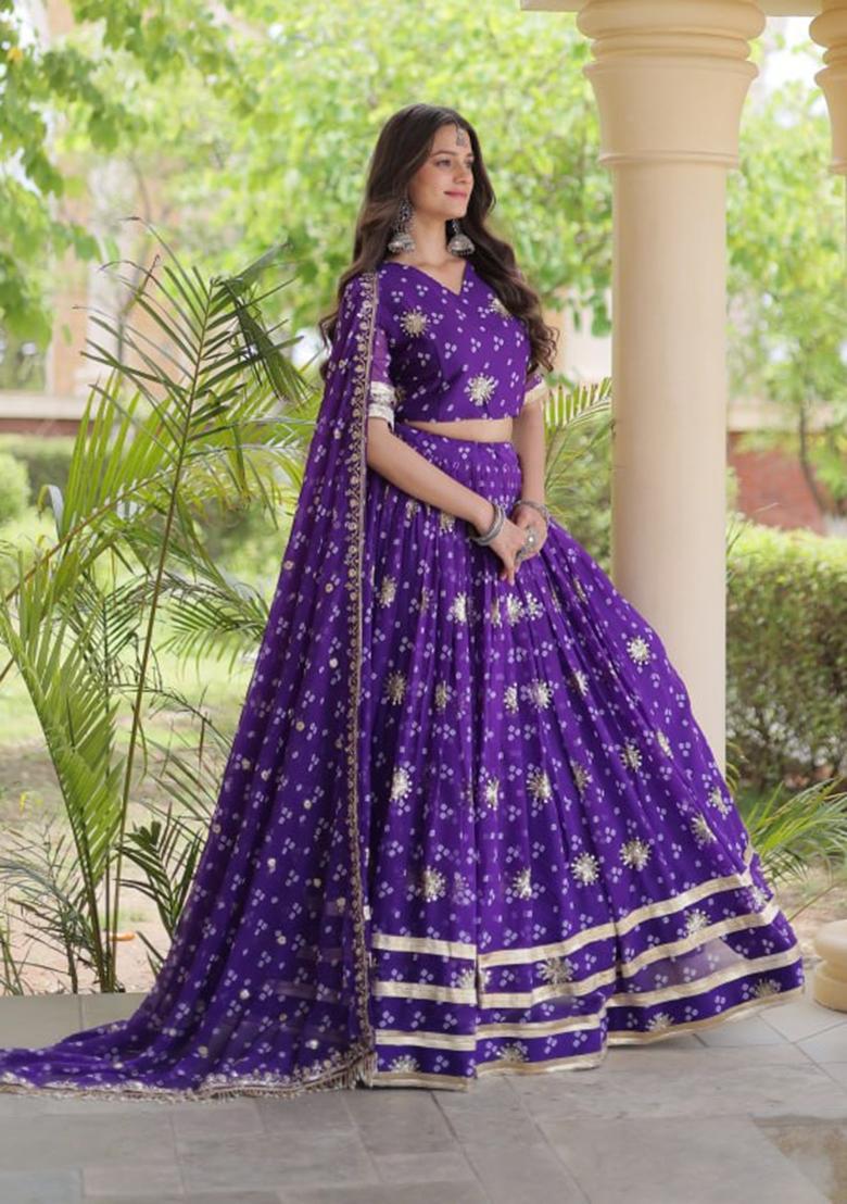 Purple Embroidered Georgette Lehenga Set - Indya