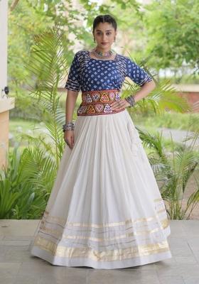 Blue Embroidered Cotton Lehenga Set