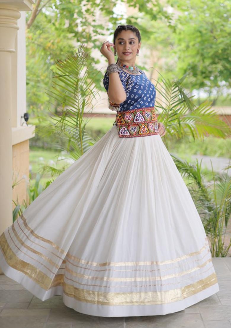 Blue Embroidered Cotton Lehenga Set - Indya