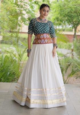 Green Embroidered Cotton Lehenga Set