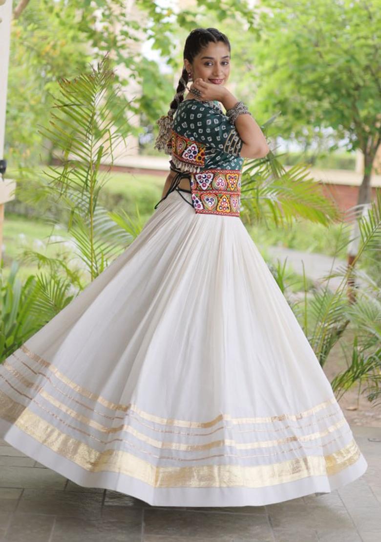 Green Embroidered Cotton Lehenga Set - Indya