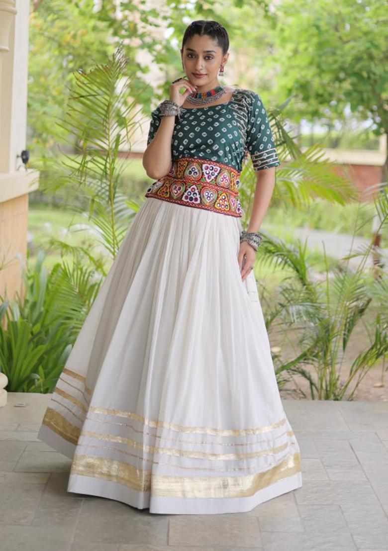 Green Embroidered Cotton Lehenga Set - Indya