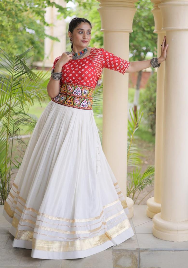 Red Embroidered Cotton Lehenga Set - Indya