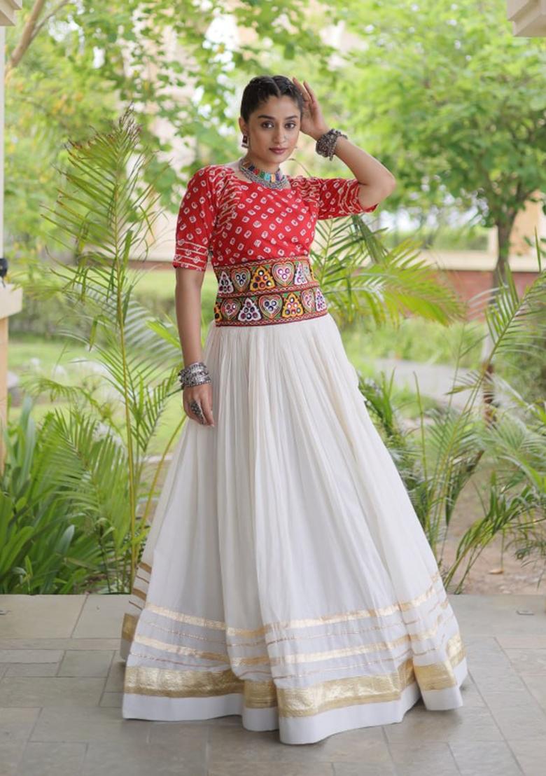Red Embroidered Cotton Lehenga Set - Indya