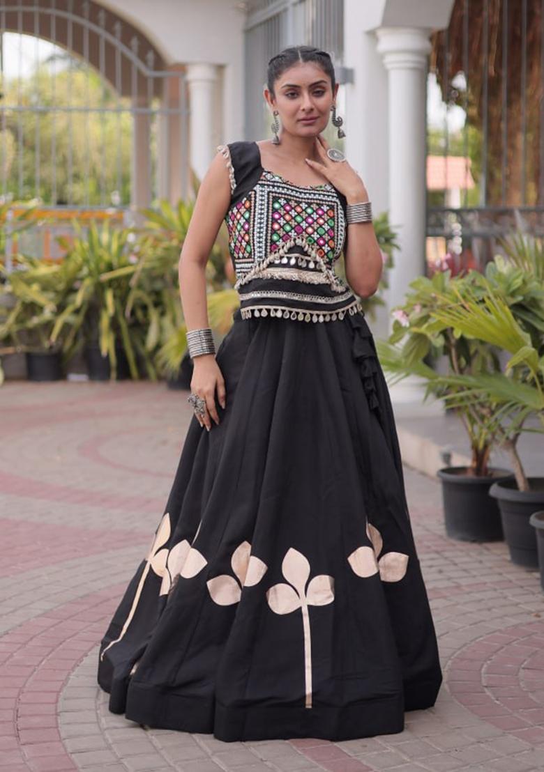 Black Lace Work Silk Lehenga Set - Indya