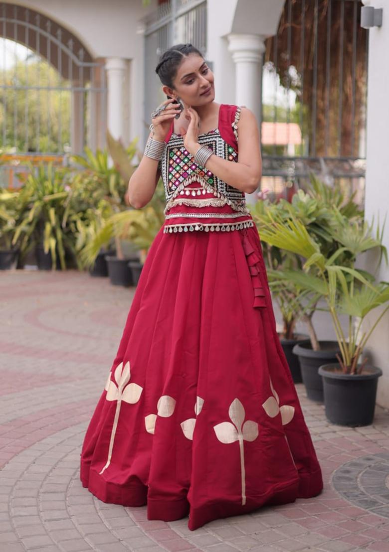 Maroon Lace Work Silk Lehenga Set - Indya