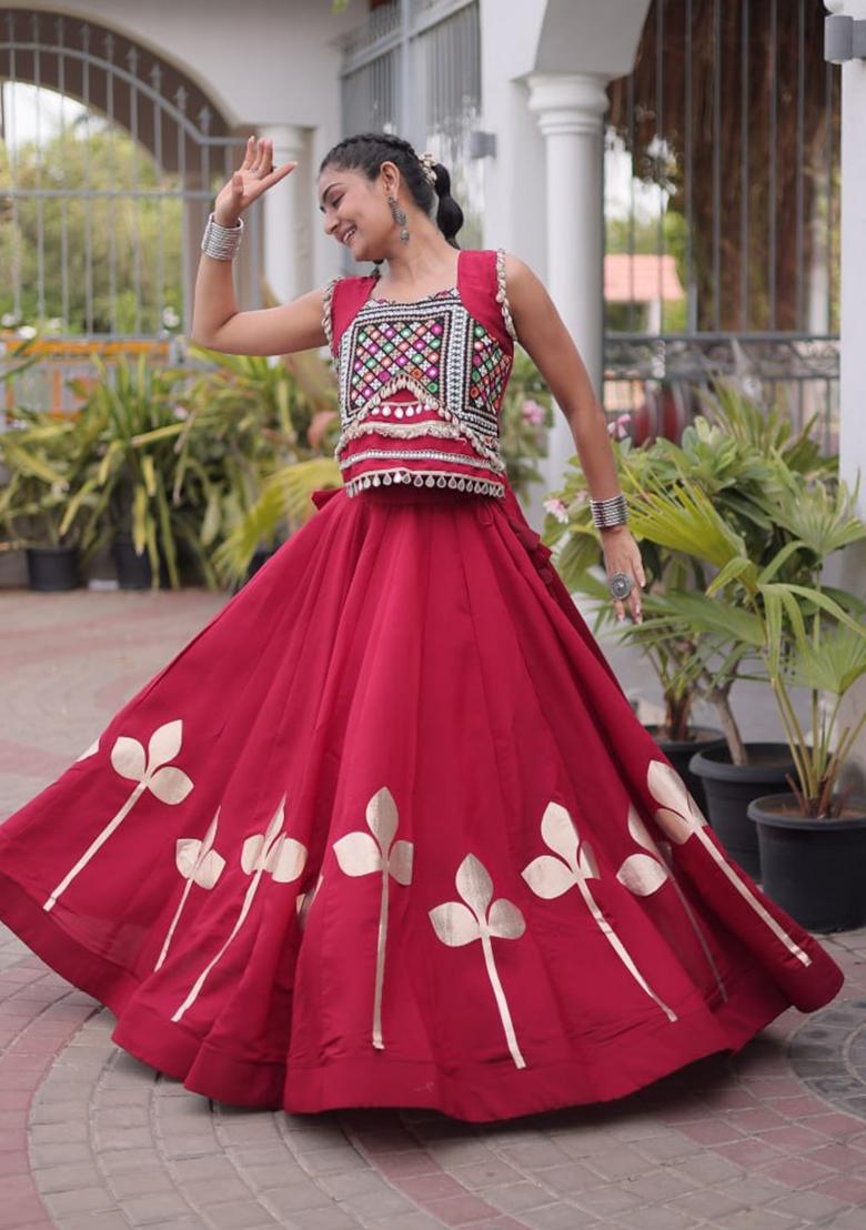Maroon Lace Work Silk Lehenga Set - Indya