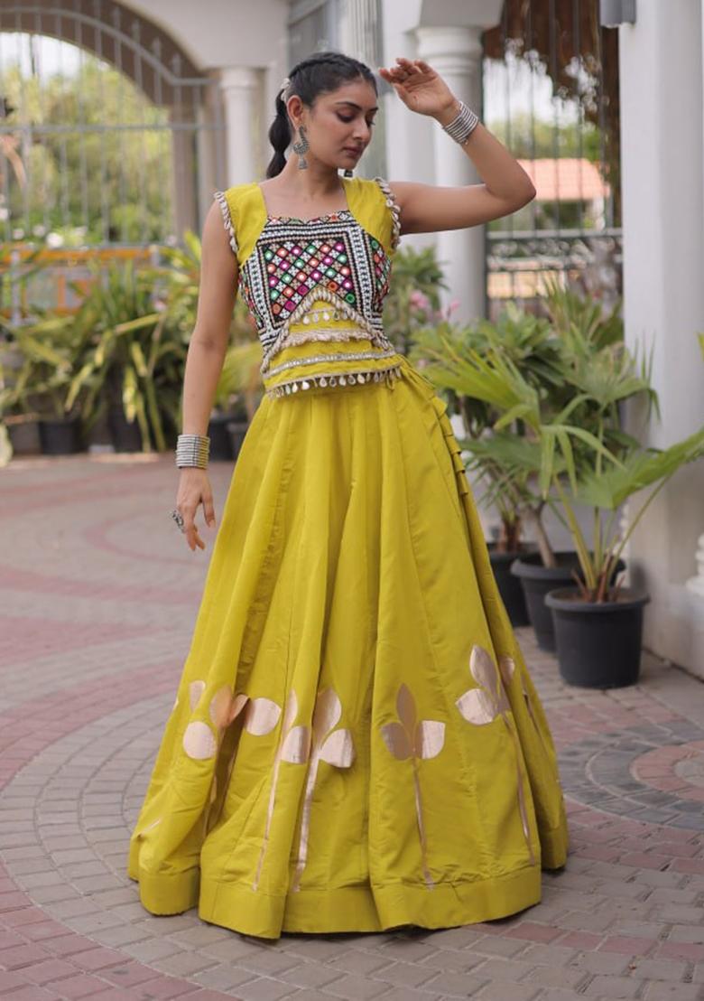 Perrot Lace Work Silk Lehenga Set - Indya