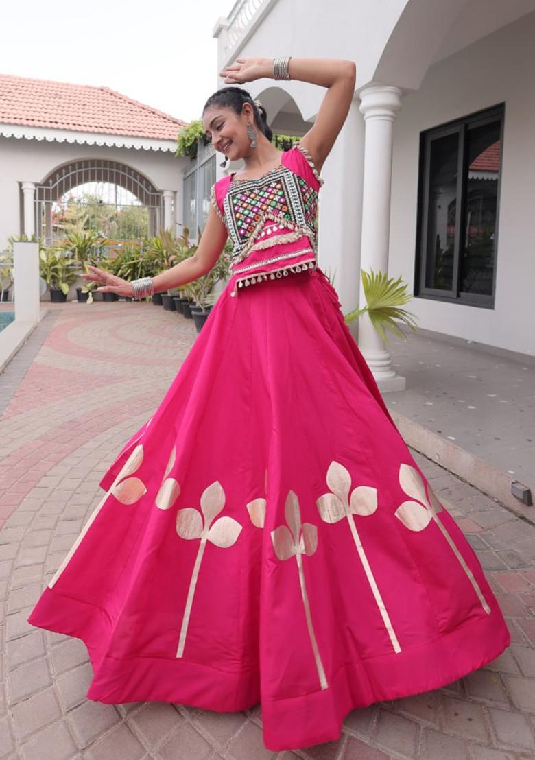 Pink Lace Work Silk Lehenga Set - Indya