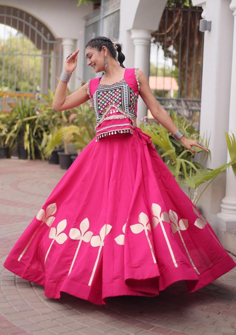 Pink Lace Work Silk Lehenga Set - Indya