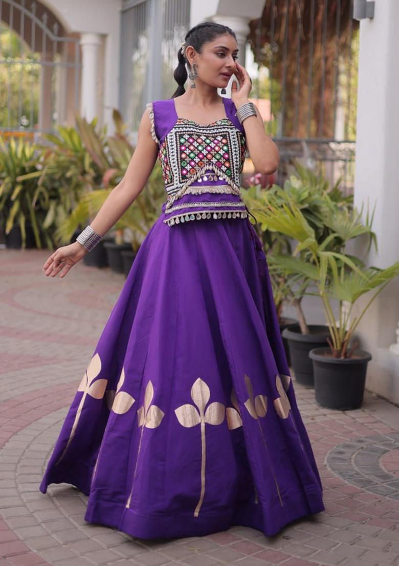 Purple Lace Work Silk Lehenga Set - Indya