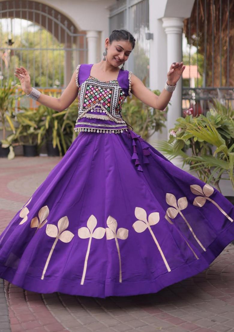 Purple Lace Work Silk Lehenga Set - Indya