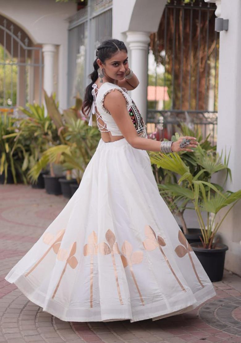 White Lace Work Silk Lehenga Set - Indya