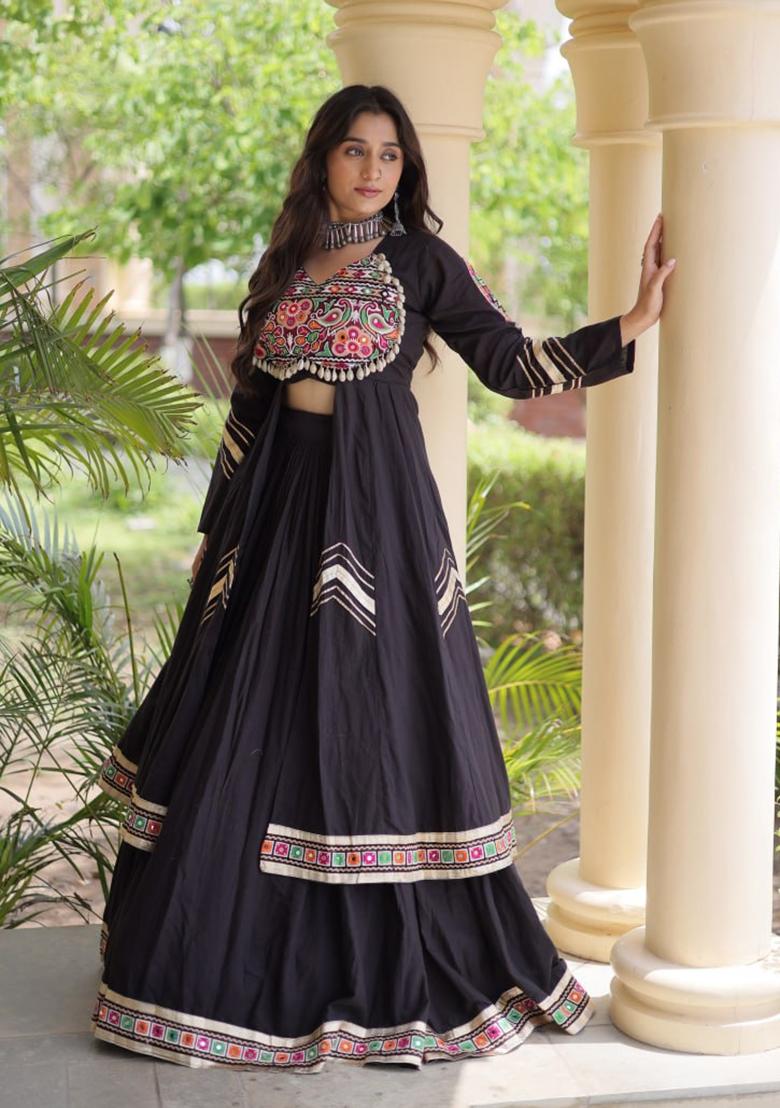 Black Lace Work Cotton Lehenga Set - Indya