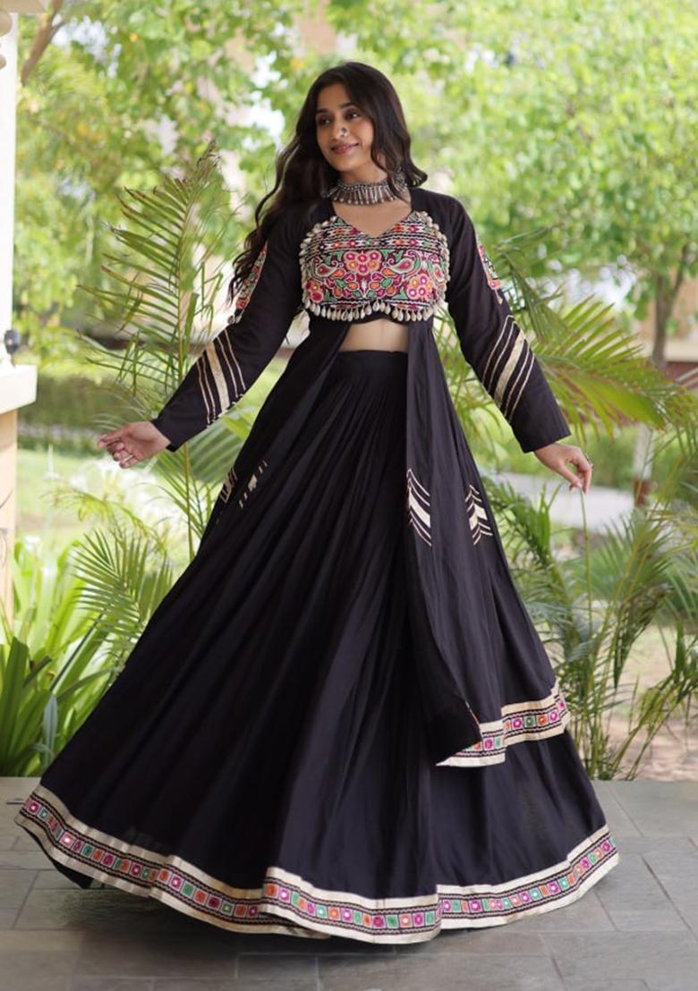 Black Lace Work Cotton Lehenga Set - Indya