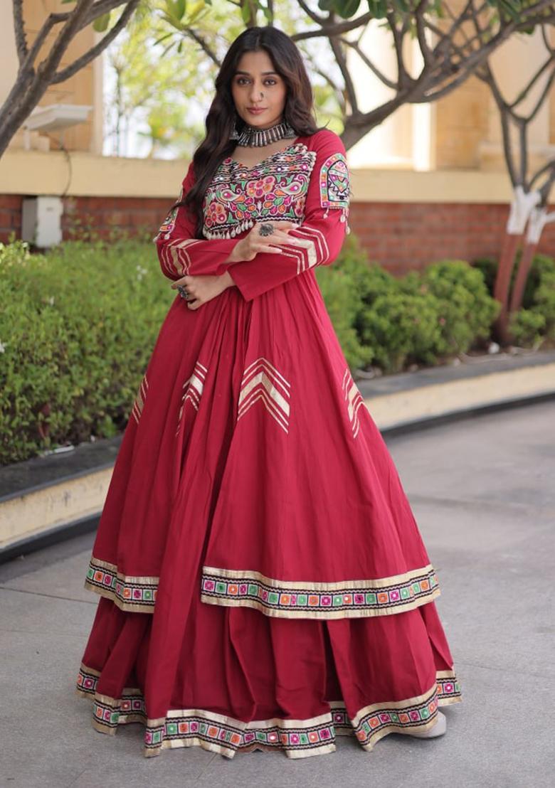 Maroon Lace Work Cotton Lehenga Set - Indya