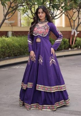 Purple Lace Work Cotton Lehenga Set