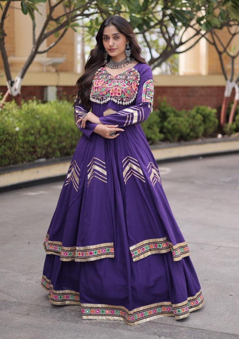 Purple Lace Work Cotton Lehenga Set - Indya
