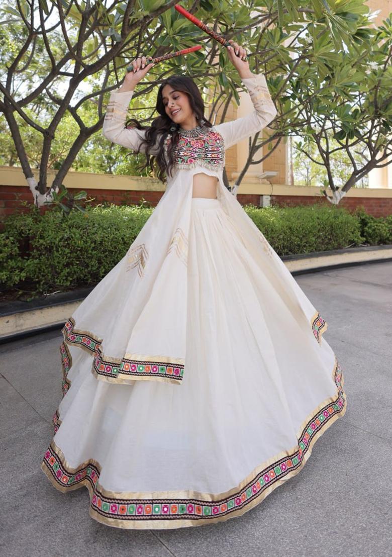 White Lace Work Cotton Lehenga Set - Indya