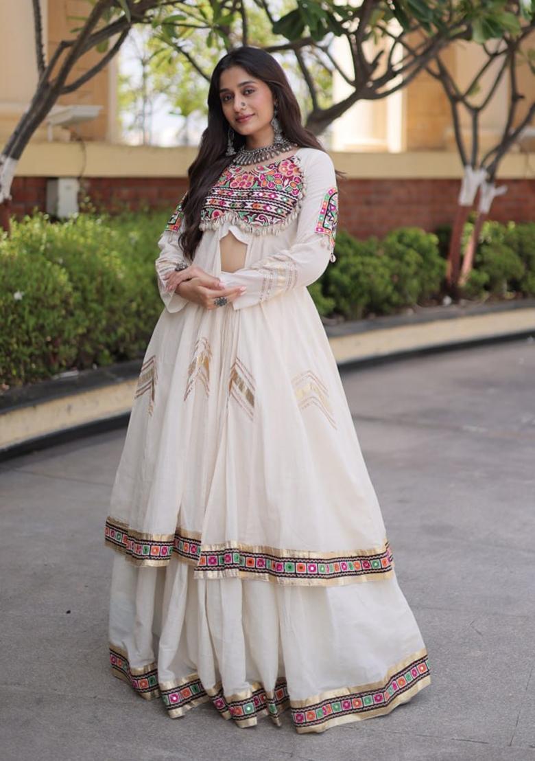 White Lace Work Cotton Lehenga Set - Indya