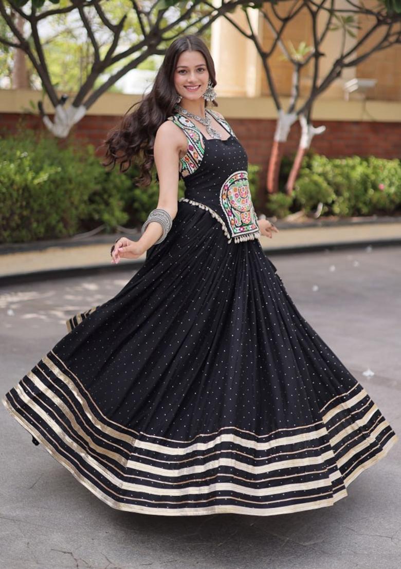 Black Mirror Work Rayon Lehenga Set - Indya
