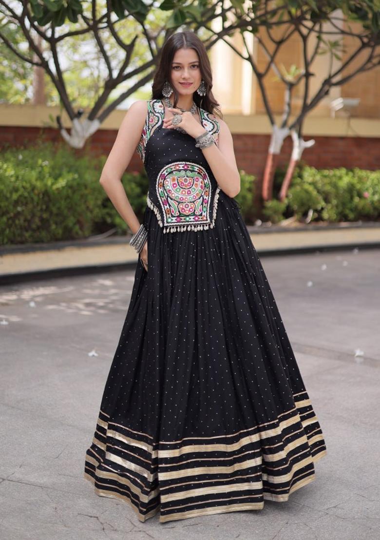 Black Mirror Work Rayon Lehenga Set - Indya