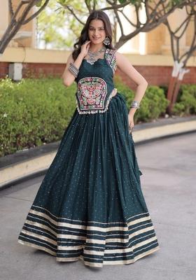 Green Mirror Work Rayon Lehenga Set