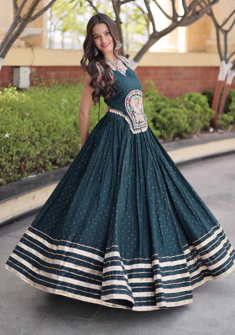 Green Mirror Work Rayon Lehenga Set - Indya