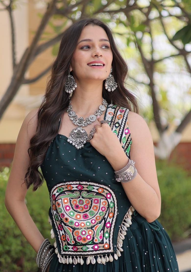 Green Mirror Work Rayon Lehenga Set - Indya