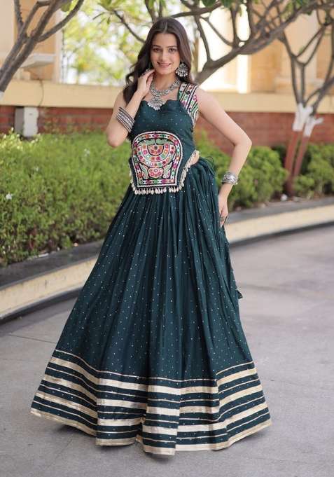 Green Rayon Lehenga Set with Mirror Work for Diwali | Wedding & Festive Wear