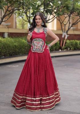 Maroon Mirror Work Rayon Lehenga Set