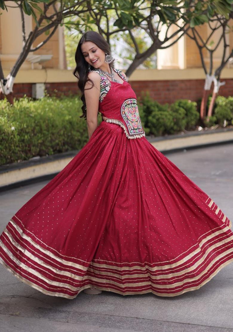 Maroon Mirror Work Rayon Lehenga Set - Indya