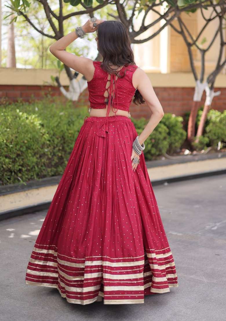 Maroon Mirror Work Rayon Lehenga Set for Diwali and Festive Wear - Indya