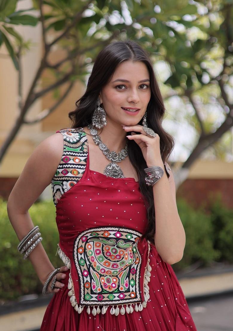 Maroon Mirror Work Rayon Lehenga Set - Indya