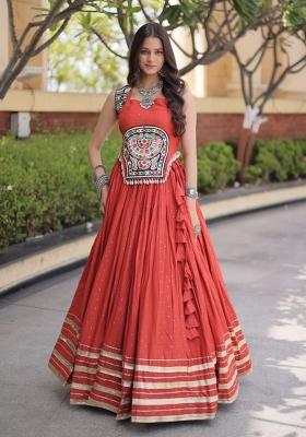 Rust Mirror Work Rayon Lehenga Set