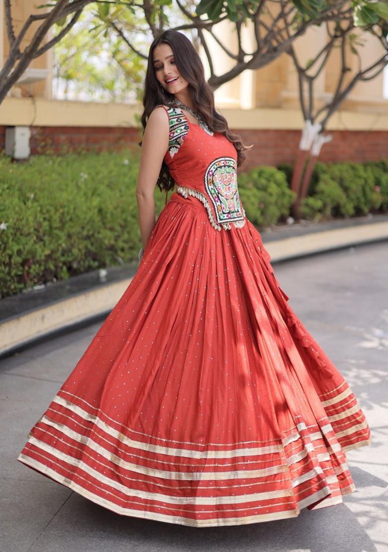 Rust Mirror Work Rayon Lehenga Set - Indya