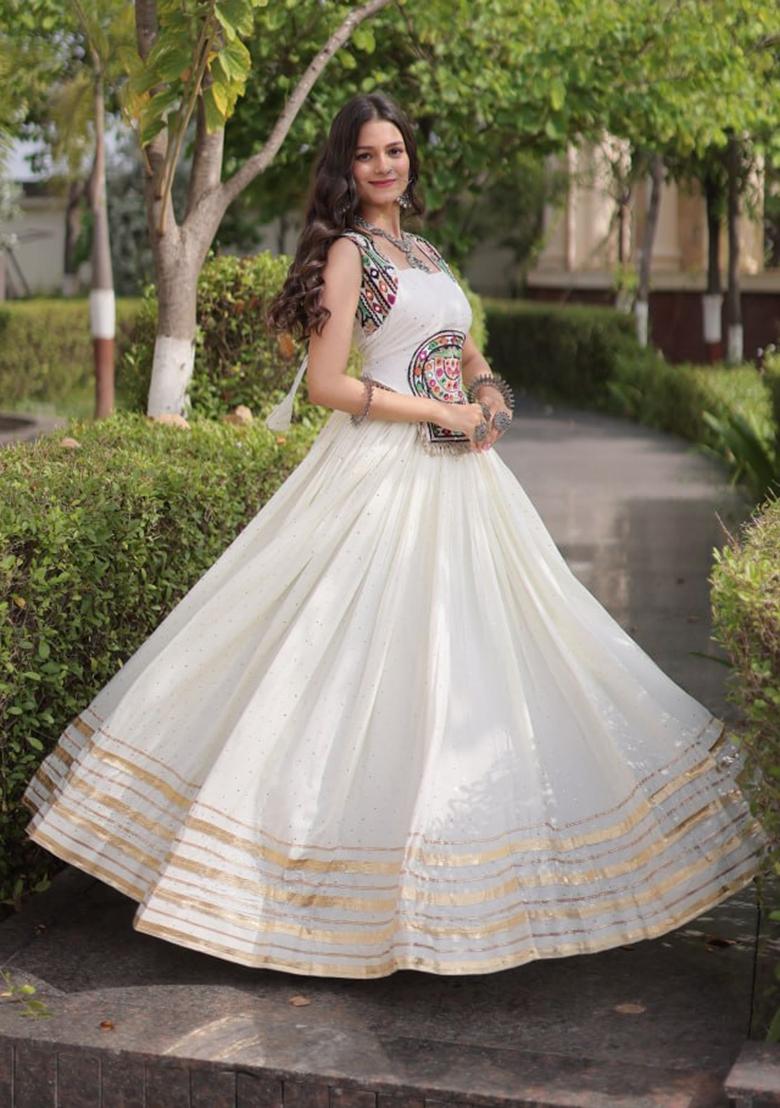 White Mirror Work Rayon Lehenga Set - Indya