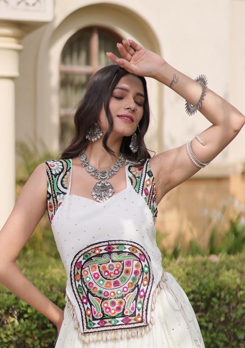 White Mirror Work Rayon Lehenga Set - Indya